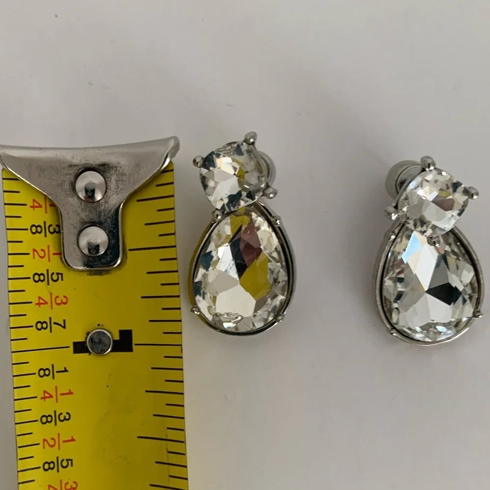Clear Jewel Rhinestone Teardrop Earrings with Stud Silver Toned Hardware